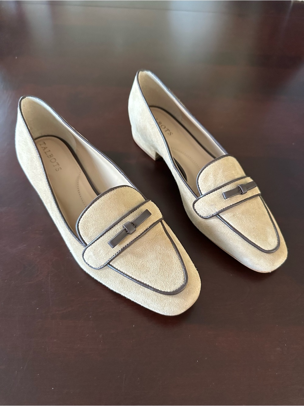 Talbots Tan Suede Pointed Loafers with Contrast Trim